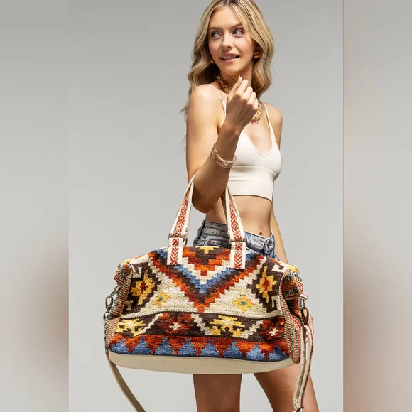 Boho Chic Travel Bag - Navajo Aztec Inspired Design - Handmade Fully Fine Cotton - Picture 3 of 10